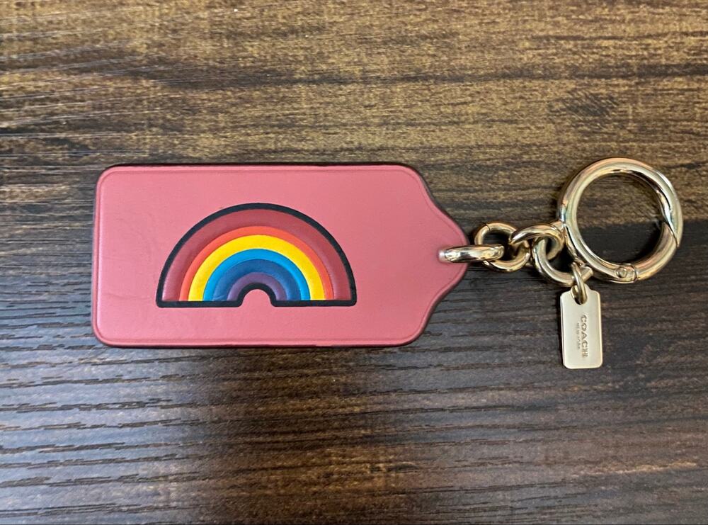 Coach Rainbow Pink Leather Bag Charm Keychain Purse Accessory Gold Tone